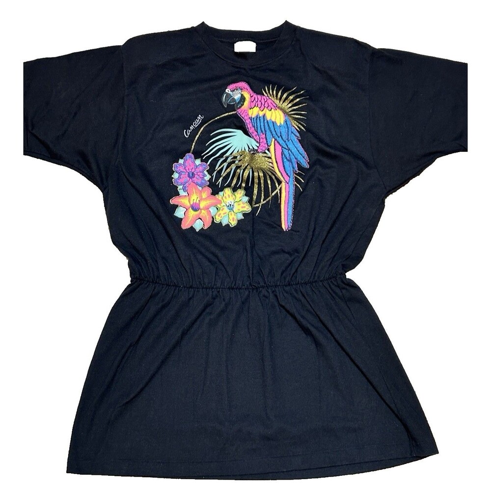Vintage Cancun Parrot Tee Dress Art Style Black Cinched Waist Vibe Beach